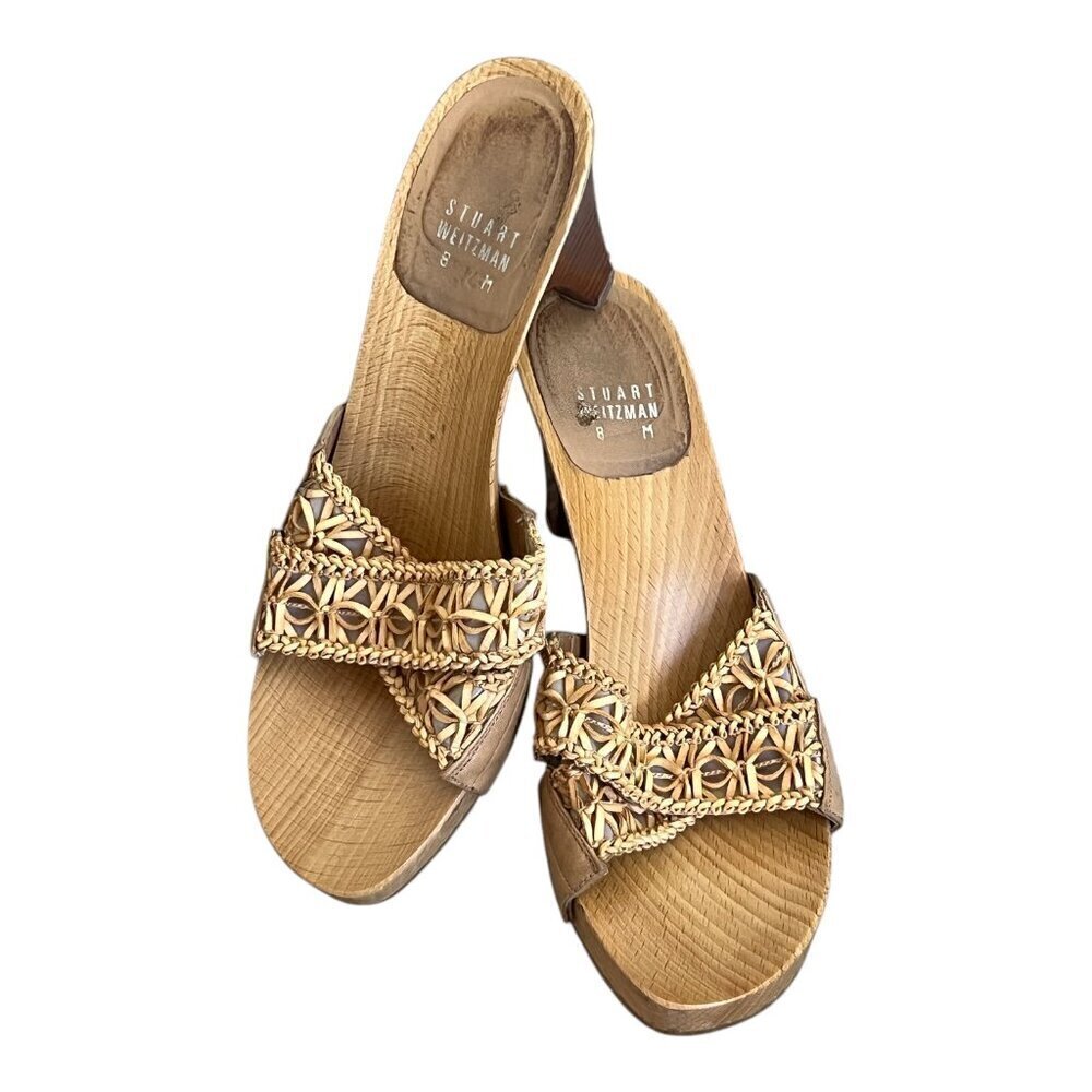 Stuart Weitzman Woven Leather Slide Sandals Wooden Heel Tan 8M Coastal Resort - Picture 2 of 8
